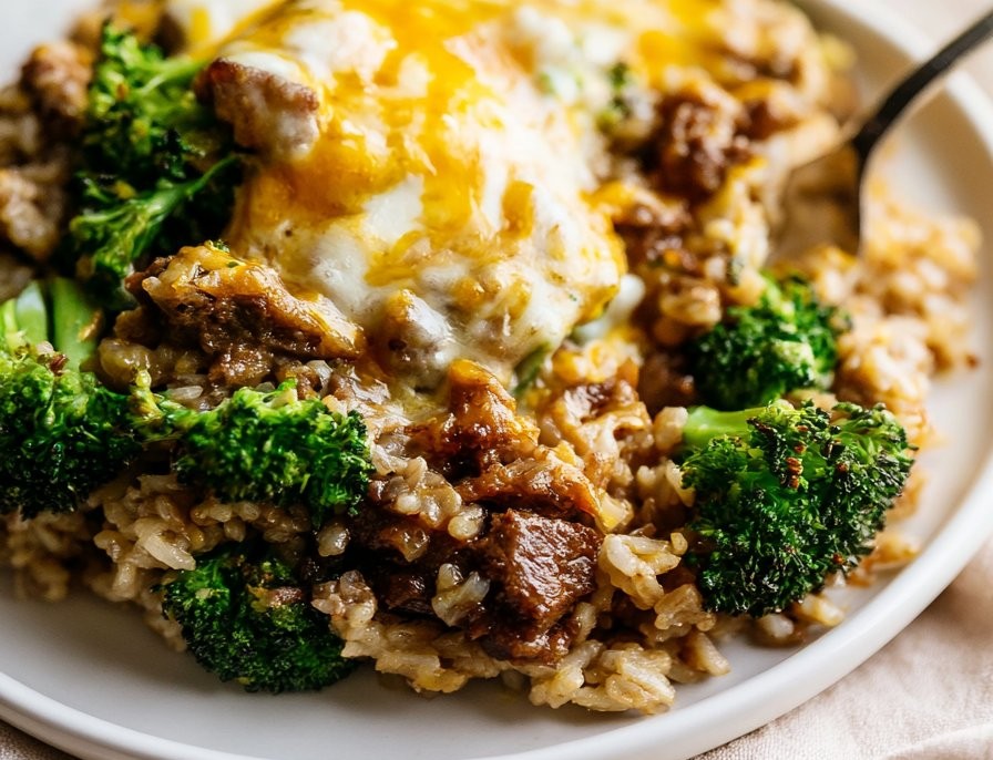 Cheesy Beef Broccoli and Rice Skillet