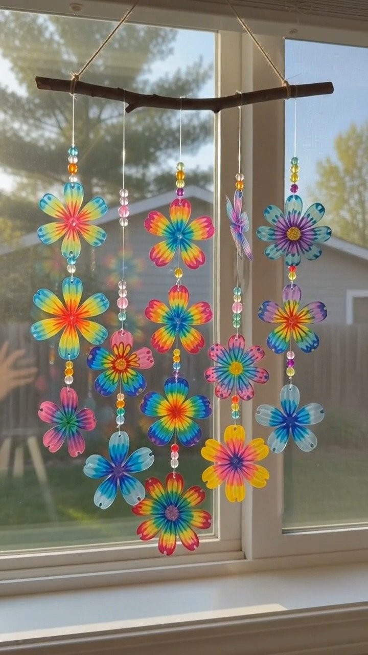 Recycled bottles transform into colorful window art that catches the sunlight and brightens the room. A fun project to try this weekend.