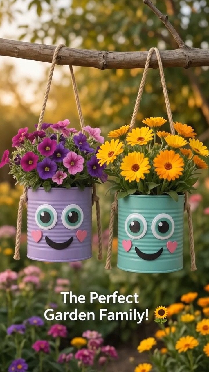 Whimsical hanging tin can flower planters recycle cans into charming floral decorations for your garden ✨ Save this project!