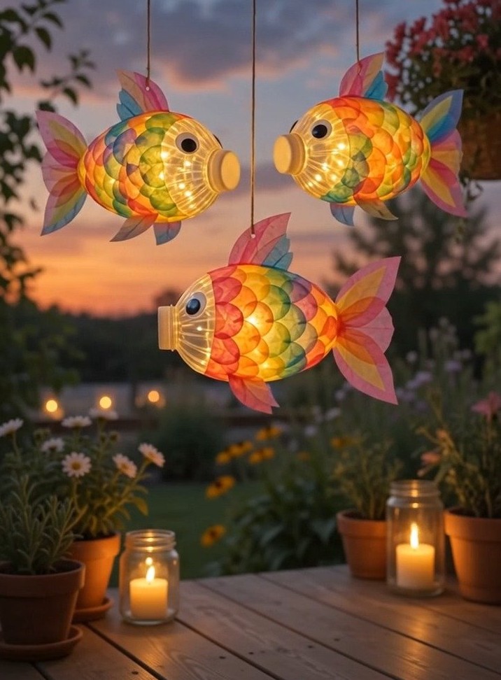 Glowing paint and simple fish shapes create bright underwater creatures that shine after the lights go out.