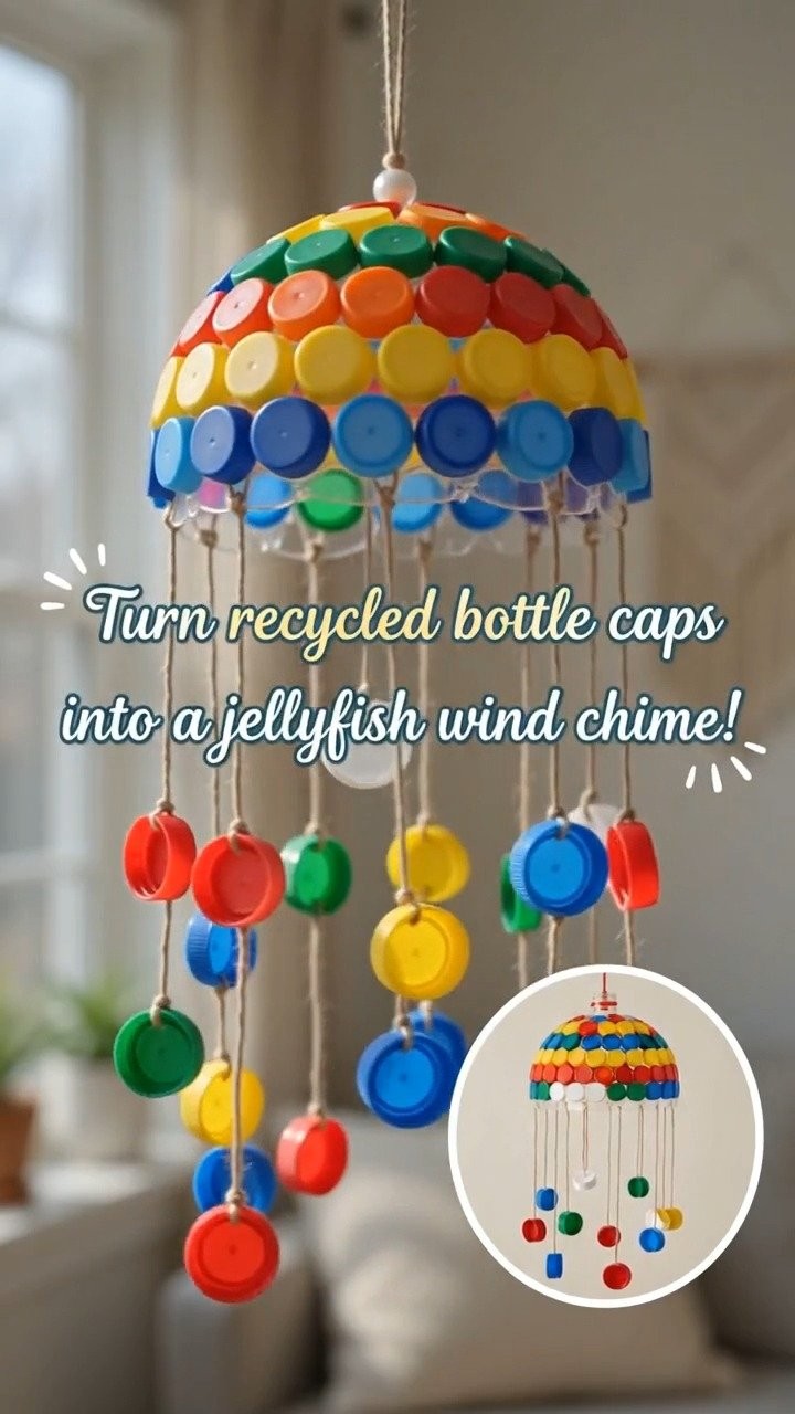 DIY Bottle Cap Jellyfish Wind Chime Transforms Recycled Bottle Caps into a Whimsical Ocean-Inspired Decoration✨ Save This Project! #BottleCapCraft #JellyfishCraft #WindChime #RecycleCraft #OceanCraft