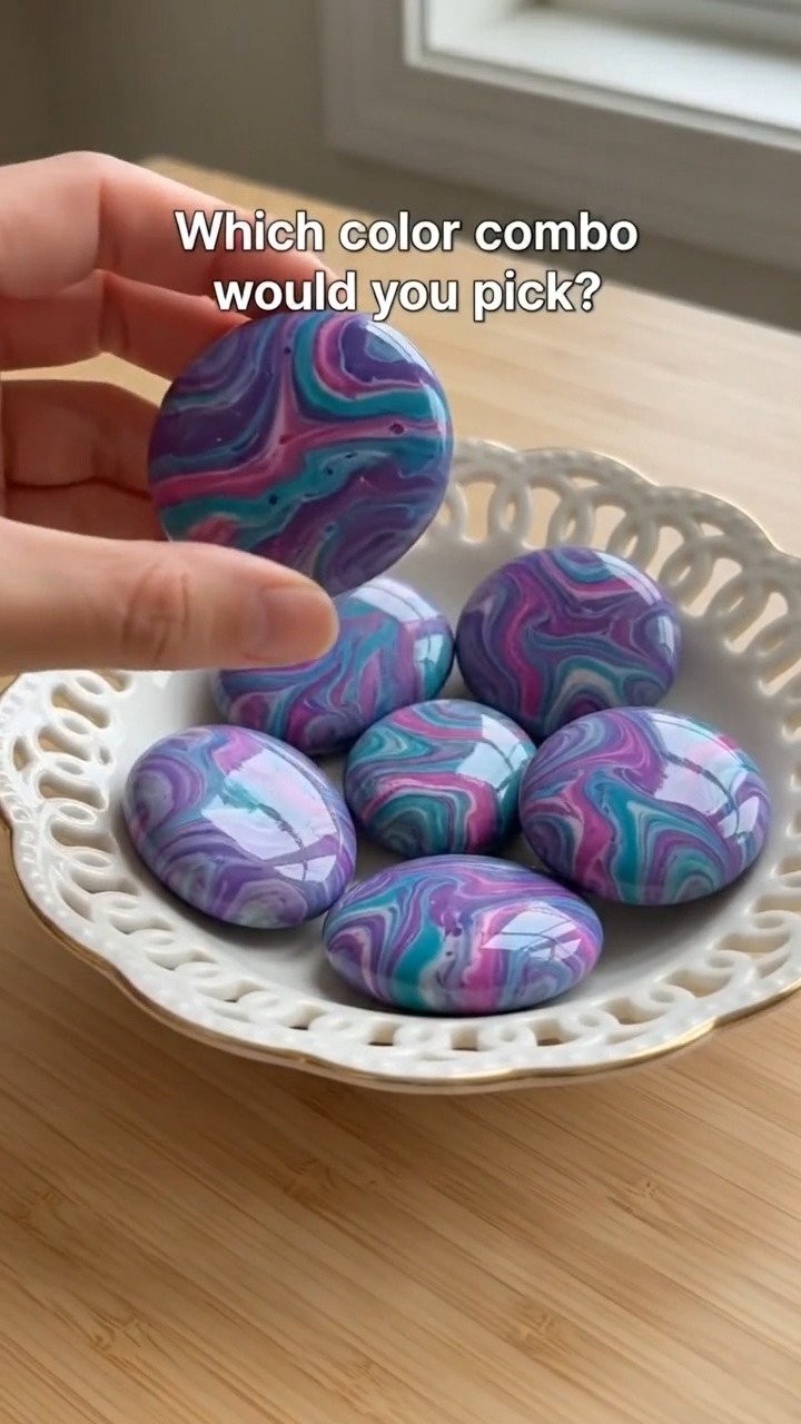 Swirling colors turn ordinary stones into tiny magical decorations for shelves, gardens, or imaginative play. Keep this idea for later.