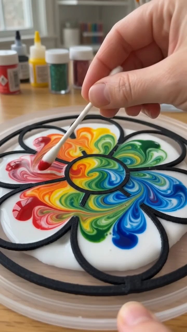 Swirling colors turn into stained-glass magic on the windows with vibrant translucent designs that shine in the sunlight.