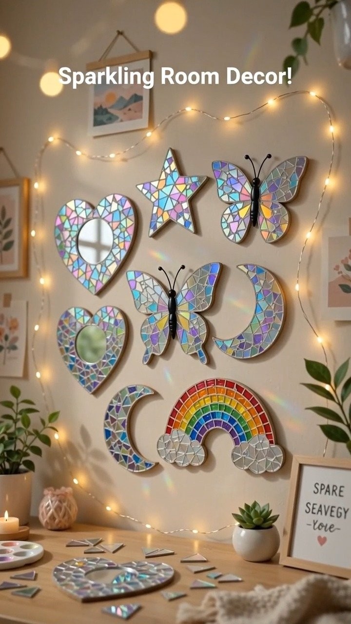 Old CDs become shimmering mosaic pieces around a simple mirror for a bright, reflective wall accent.
