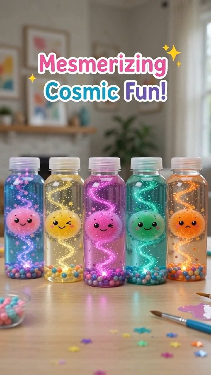 Layers of deep color, glitter, and stars turn a clear bottle into a dreamy galaxy display. Perfect for your next craft day.