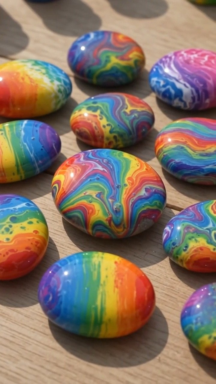 DIY rainbow rocks transform ordinary stones into colorful masterpieces that brighten gardens and play spaces ✨ Save this project!