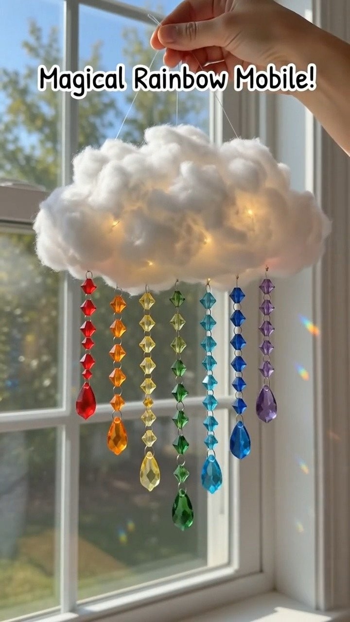 A fluffy cardboard cloud becomes a glowing rainbow mobile with crystal beads, fishing line, and soft fairy lights.
