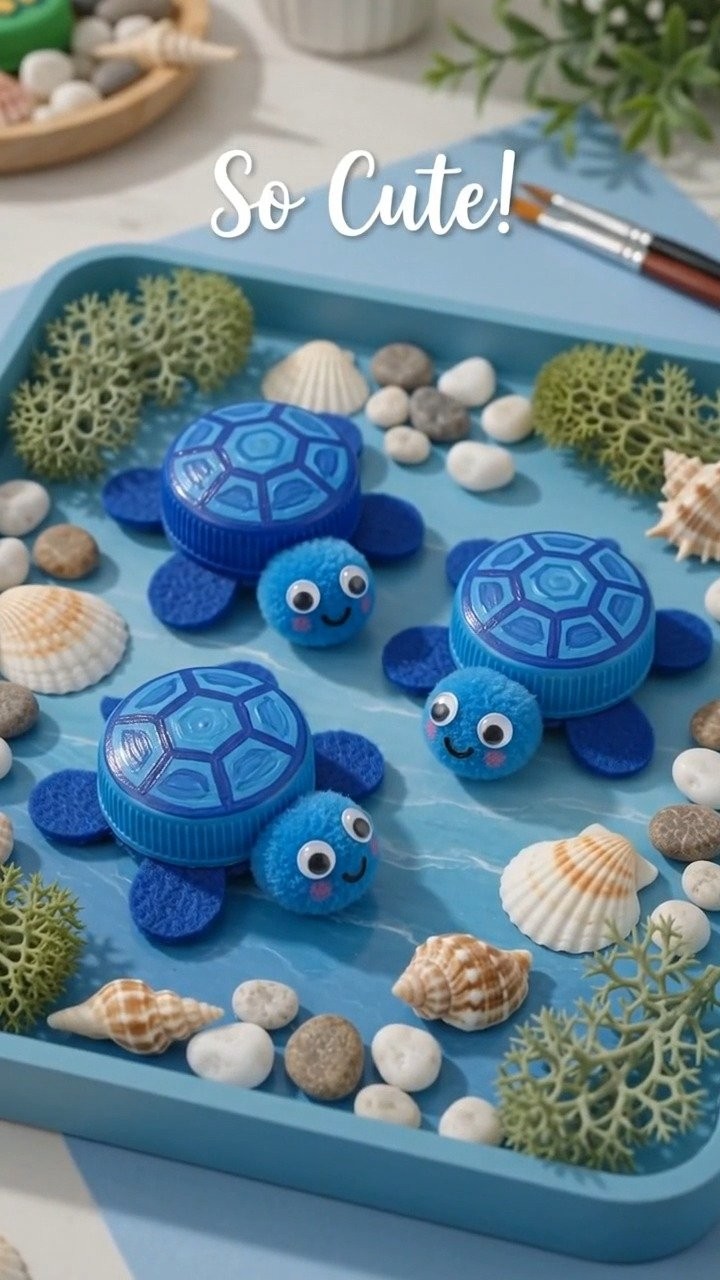 Blue bottle caps, paper flippers, and a sweet little face create an adorable turtle with plenty of recycled charm.