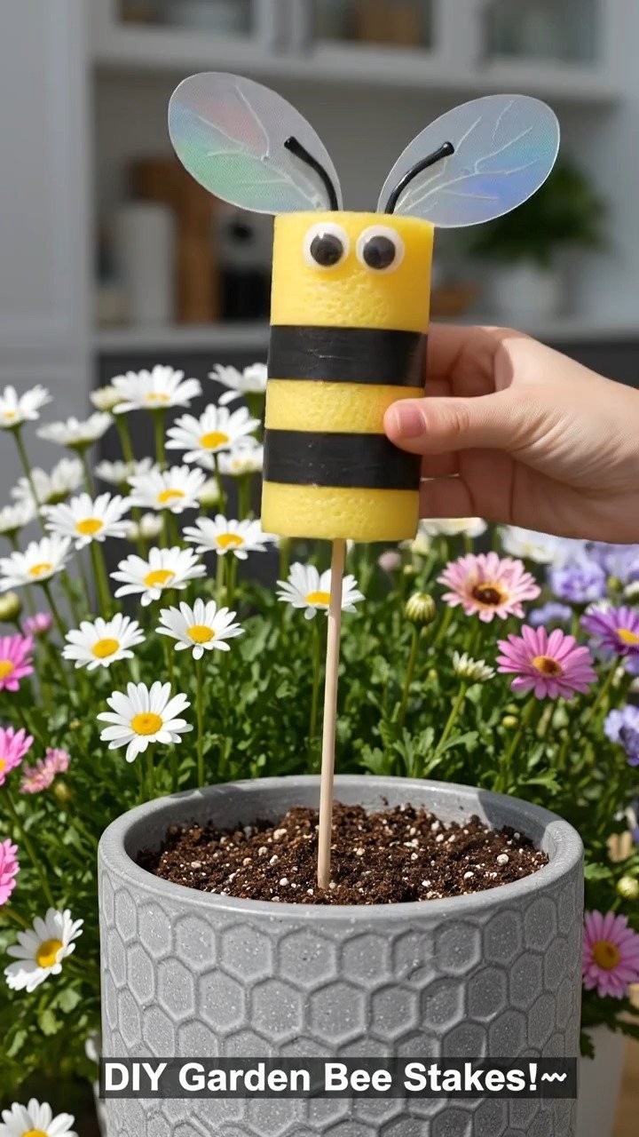 Bright pool noodle pieces become friendly bumble bee stakes that add a playful touch to gardens and planters.