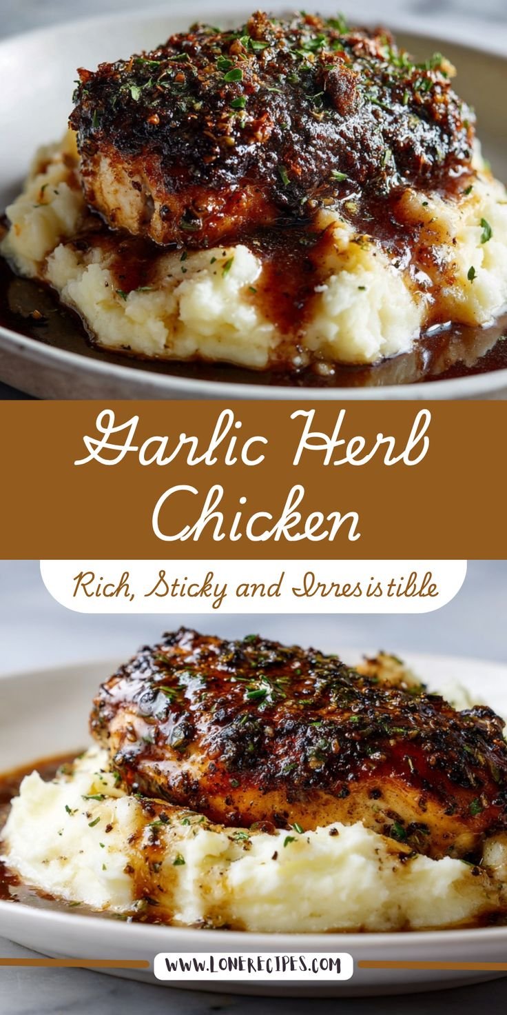 Glazed Garlic Herb Chicken Breast Over Creamy Mashed Potatoes with Pan Sauce