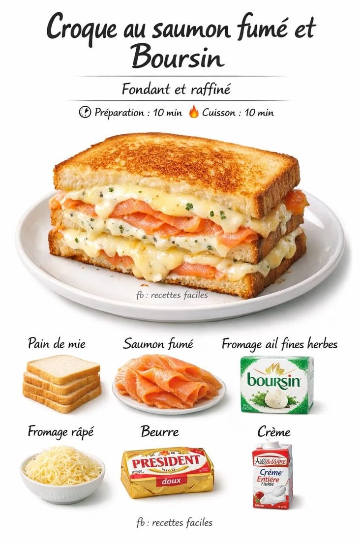 Recettes - 🥪 Croque Saumon Fumé Boursin 🥪  Un sandwich chaud, fondant et plein de saveurs parfait pour un déjeuner rapide et gourmand.  8 tranches pain de mie   4 tranches saumon fumé   150 g fromage frais type Boursin   100 g fromage râpé   50 g beu...