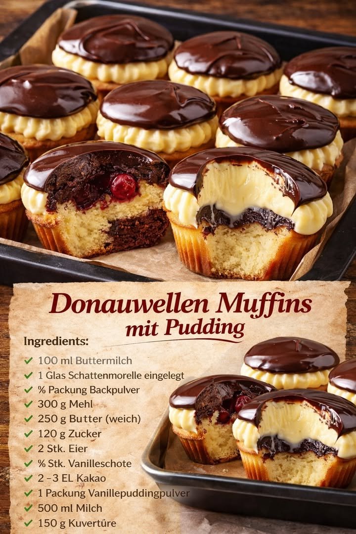 Donauwellen Muffins mit Pudding