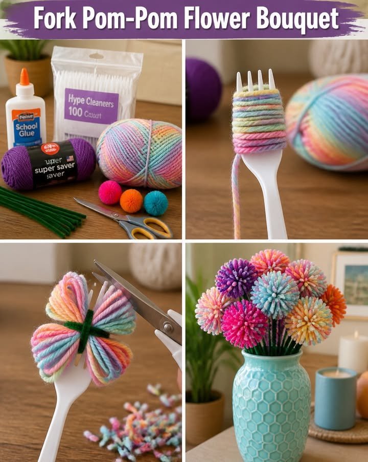 Fork Pom-Pom Flower Bouquet Becomes Cozy 4 Fork Pom-Pom Flower Bouquet
