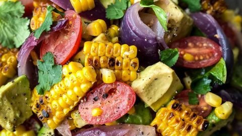 Charred Corn Avocado Salad with Roasted Red Onions
