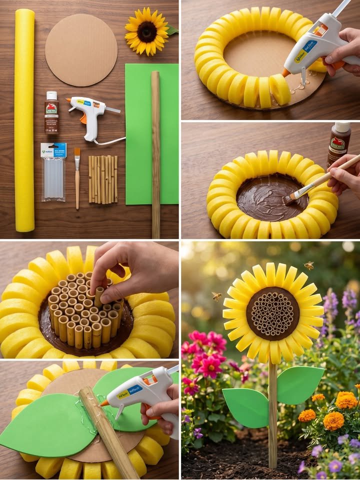 Make a Giant Sunflower Bee Hotel Using Pool Noodles That Looks Amazing All Summer!