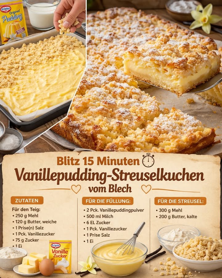Geniealer 15 Minuten Vanillepudding Streuselkuchen vom Blech
