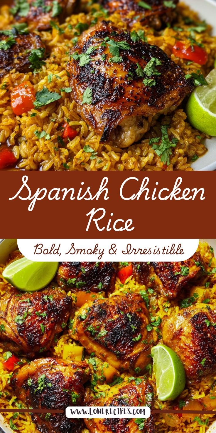 Crispy Caramelized Chicken Thighs with Golden Turmeric Spanish Rice and Roasted Peppers