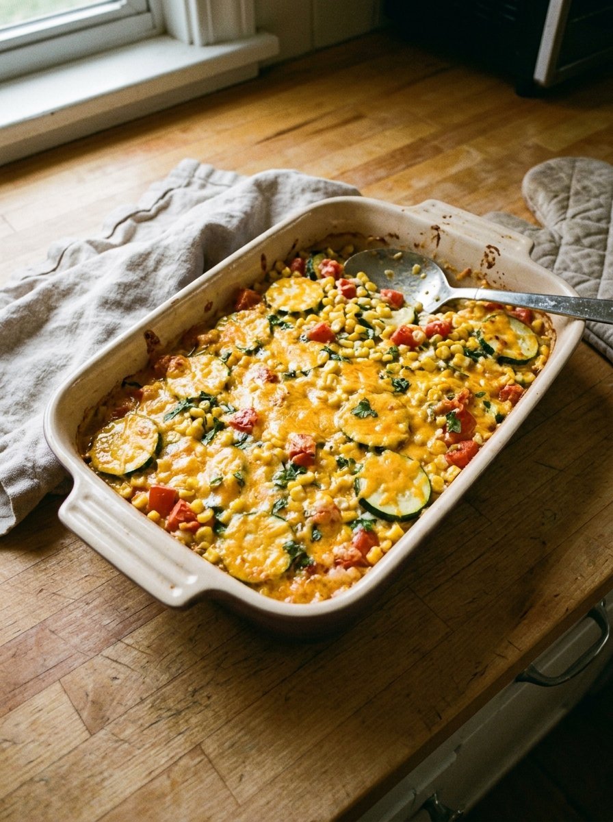 Easy Cheesy Zucchini Corn Tomato Bake