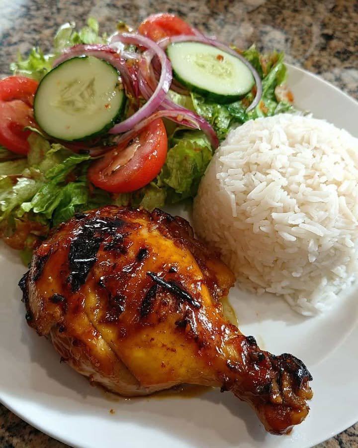 Honey Garlic Roasted Chicken with Steamed Rice & Fresh Garden Salad