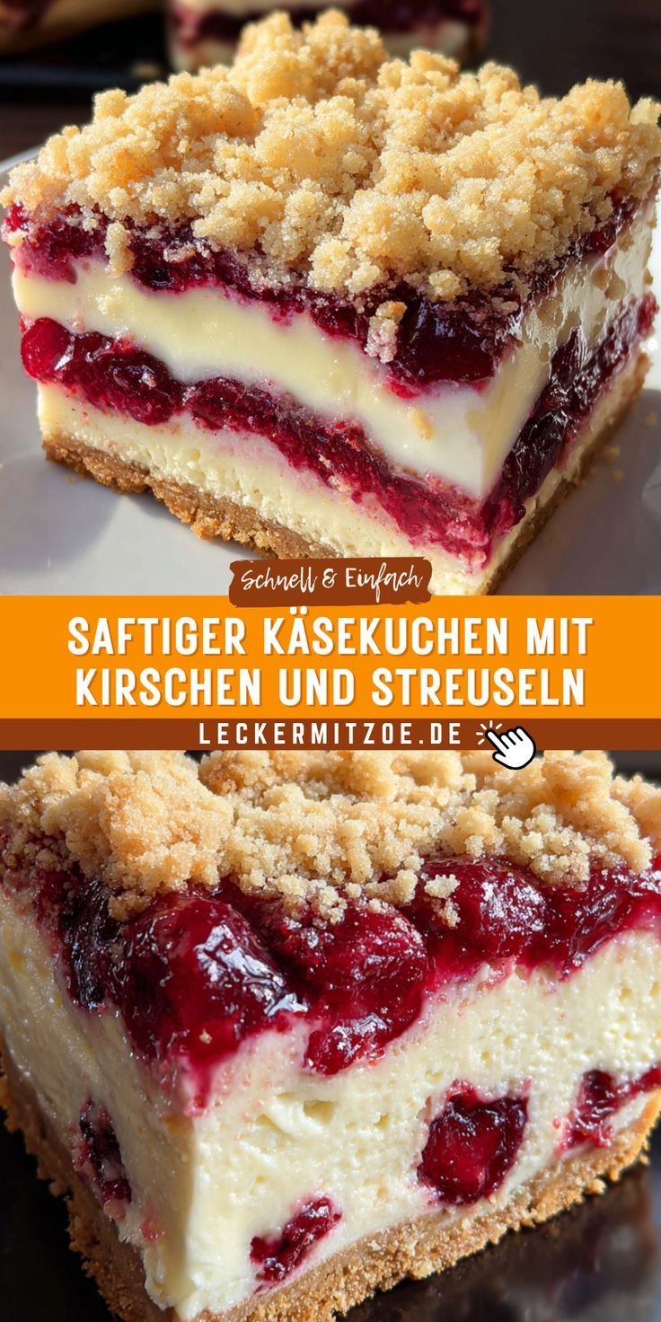 Saftiger Käsekuchen mit Kirschen und Streuseln – Ein Traum aus deutschem Backen für dein Partyessen!