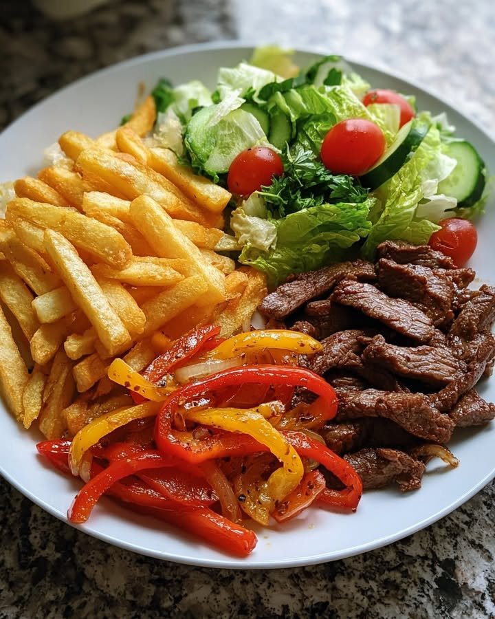 Garlic Pepper Steak Strips with Crispy Fries & Garden Salad