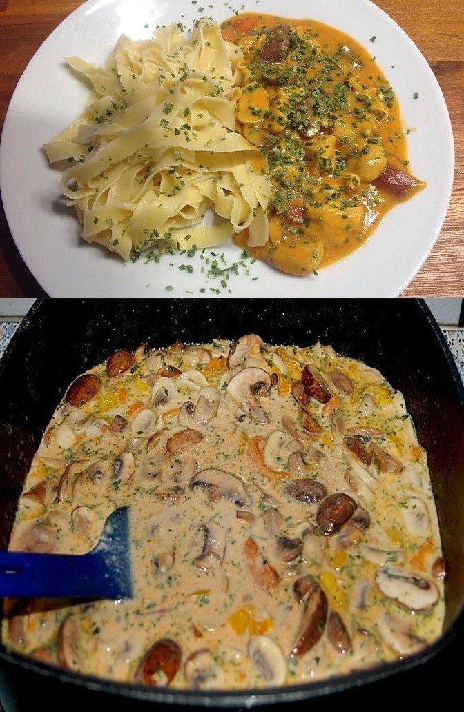 Puten Sahne Gulasch auf Bandnudeln