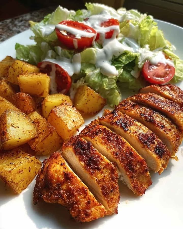 Golden Seared Chicken Plate with Crispy Potatoes & Creamy Salad