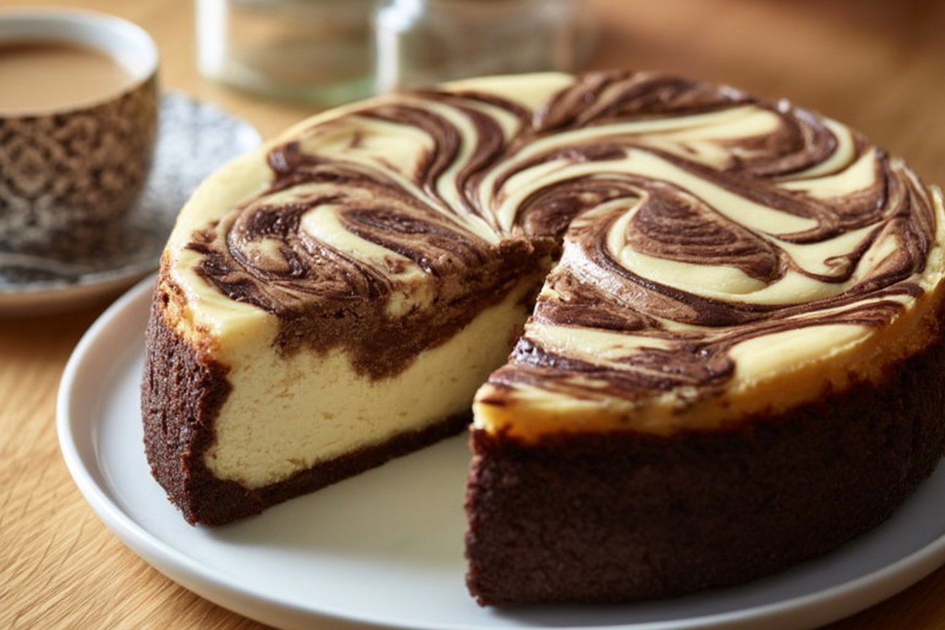 Creamy Russian Swirl Cocoa-Crust Cheesecake