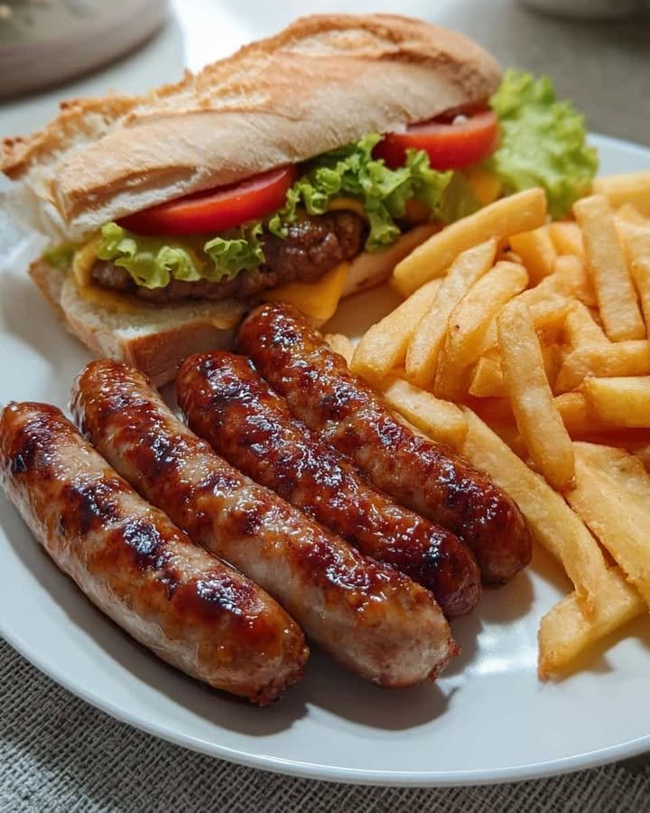 Glazed Grilled Sausages with Cheeseburger Baguette & Crispy Fries