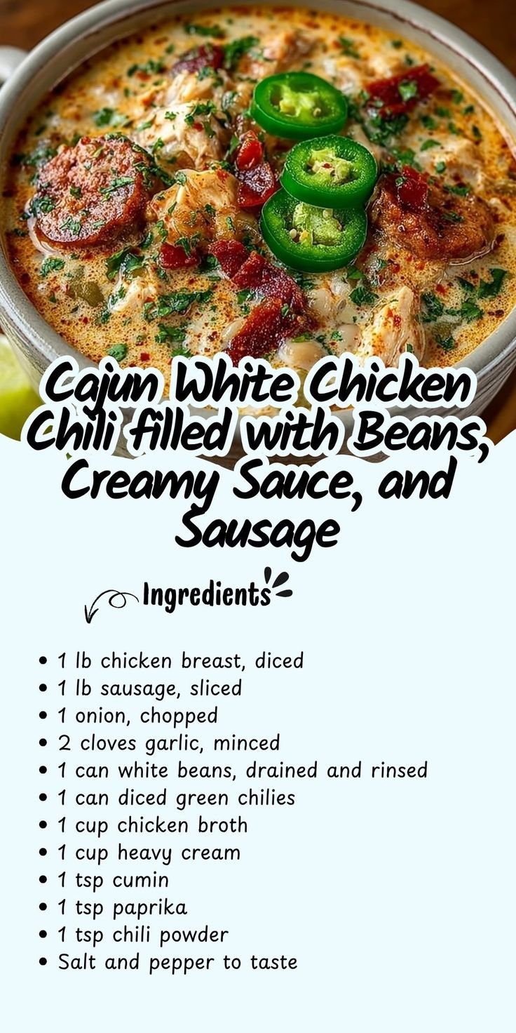 Cajun White Chicken Chili filled with Beans, Creamy Sauce, and Sausage