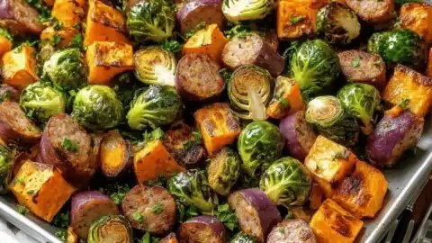 Easy Sheet Pan Sausage, Sweet Potato & Brussels Sprouts Feast