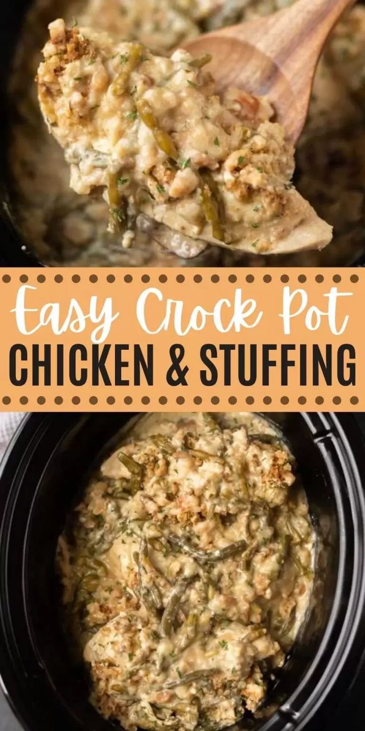 Easy Crock Pot Chicken and Stuffing Recipe | Chicken stove top crock pot, Crockpot recipes with stuffing, Cheesy chicken and stuffing crockpot