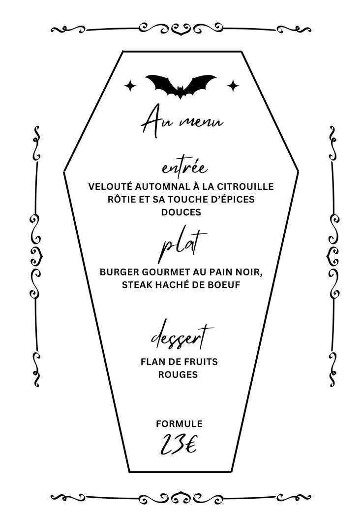 Menu restaurant thème halloween noir et blanc élégant - Template modèle Canva