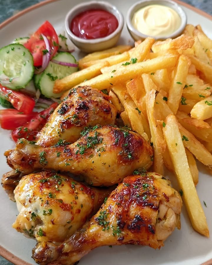 Herb Roasted Chicken Drumsticks with Seasoned Fries & Fresh Salad