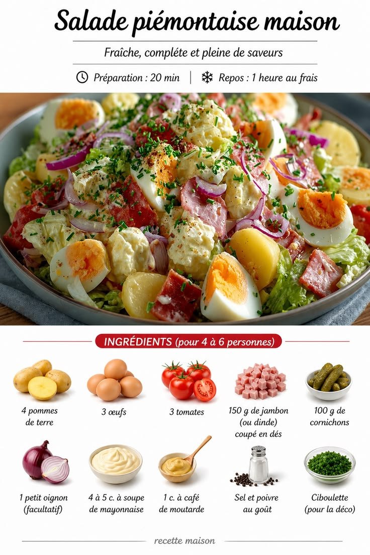 Recettes - Salade piémontaise maison Ingrédients 4 pommes de terre 3 œufs 3 tomates 150 g de jambon (ou dinde) coupé en … | Recette gratin aubergine, Recette legume accompagnement, Recettes de salades