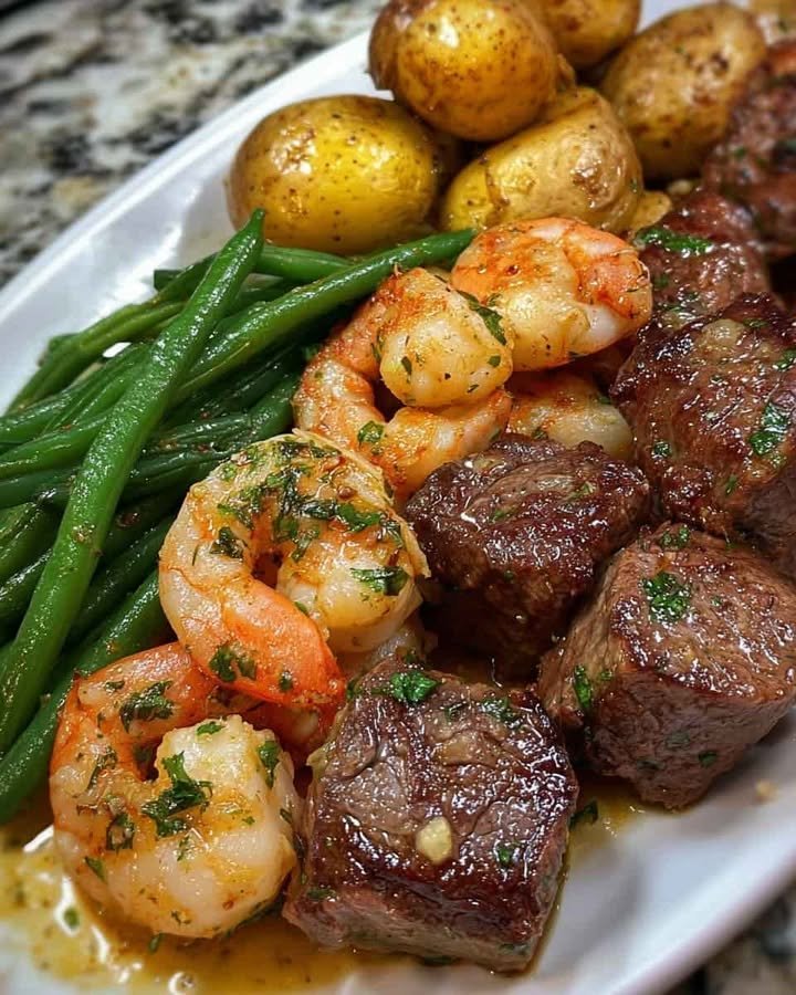 Garlic Butter Steak Bites & Shrimp with Baby Potatoes and Green Beans