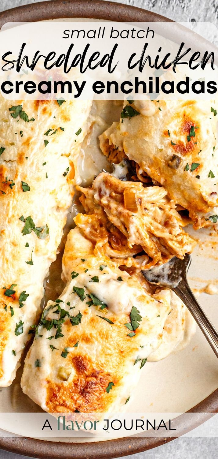 Shredded Chicken Enchiladas with Cheesy Sour Cream Sauce