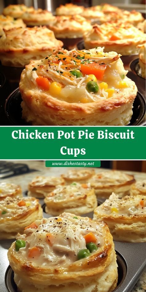 Chicken Pot Pie Biscuit Cups - Dishes Tasty | Easy & Delicious Recipes | Puff pastry cup chicken pie, Chicken pot pie with biscuits in muffin pan, Chicken in a muffin pan
