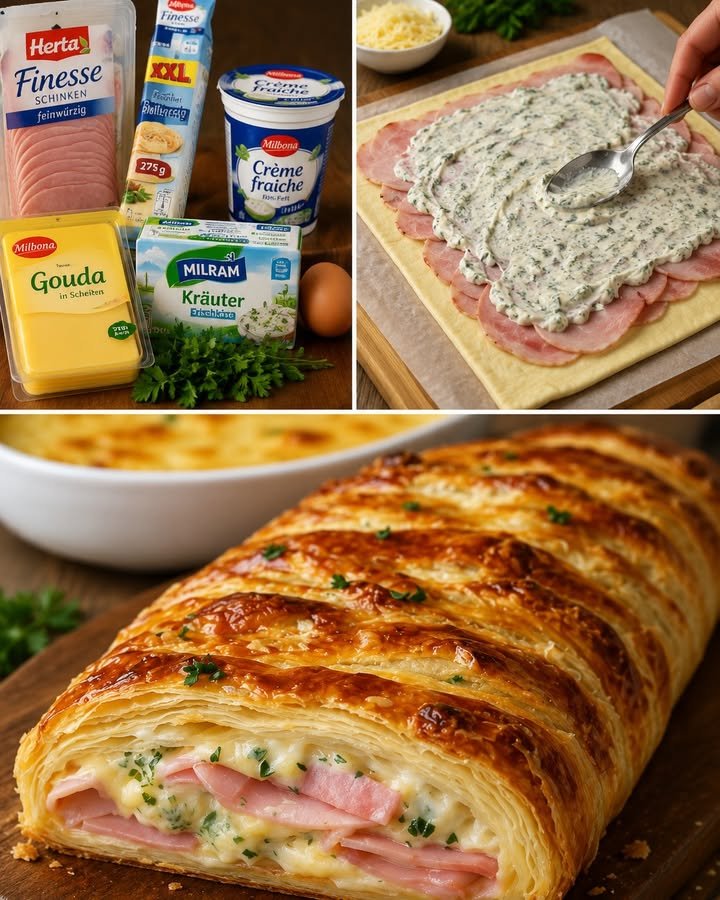 Blätterteigstrudel mit Schinken und Käse