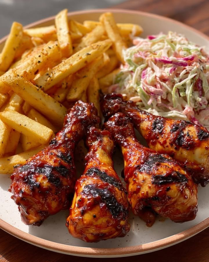 Sticky BBQ Chicken Drumsticks with Fries & Creamy Coleslaw