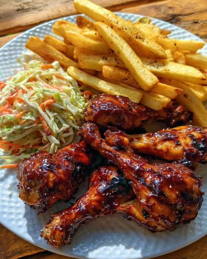 Sticky BBQ Chicken with Crispy Fries & Fresh Slaw