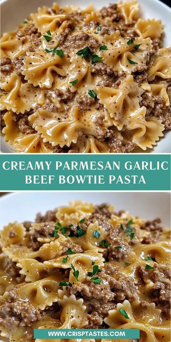 Creamy Parmesan Garlic Beef Bowtie Pasta - Crisp Tastes