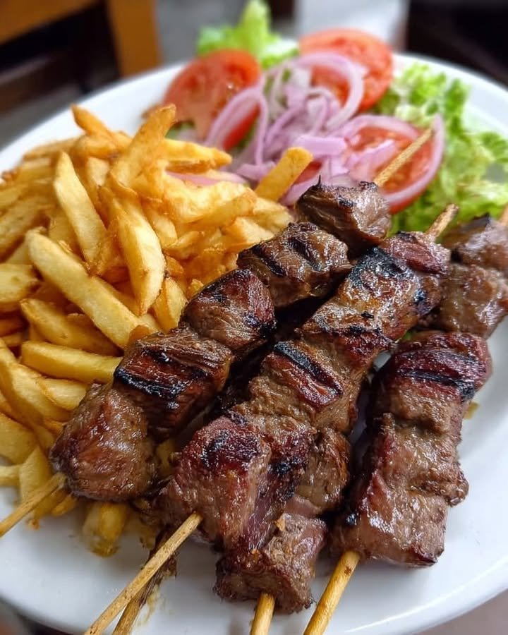 Grilled Beef Skewers with French Fries & Fresh Salad