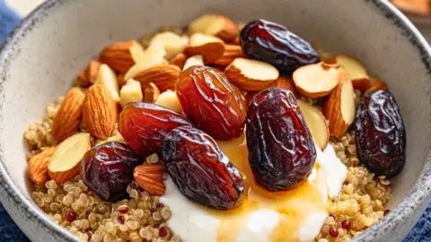 DASH Diet Quinoa Breakfast Bowl with Yogurt, Dates, & Almonds