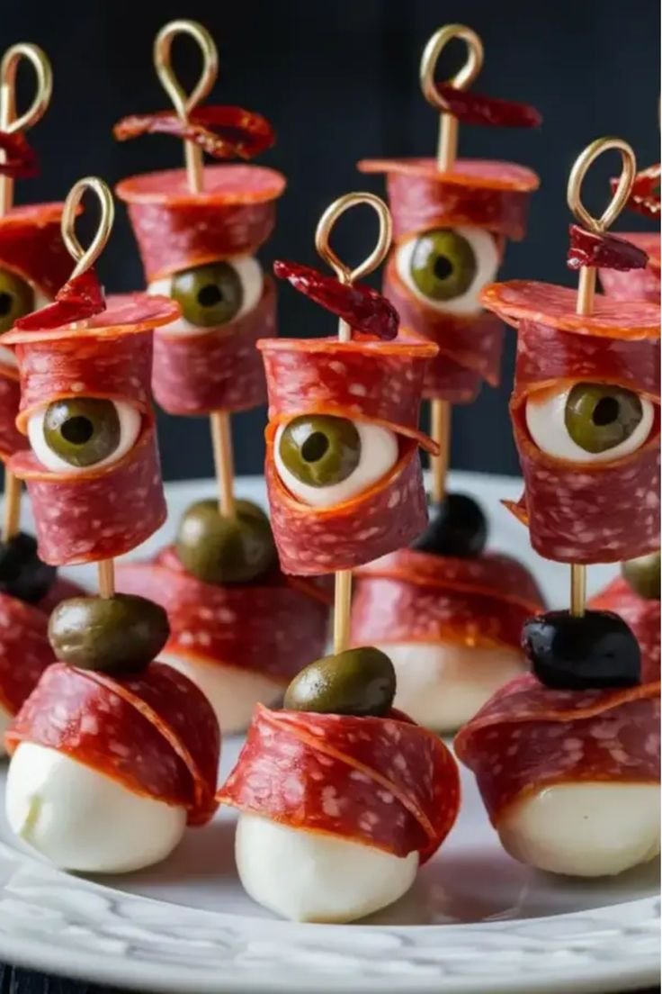 Creepy Halloween Skewered Salami Eyeballs