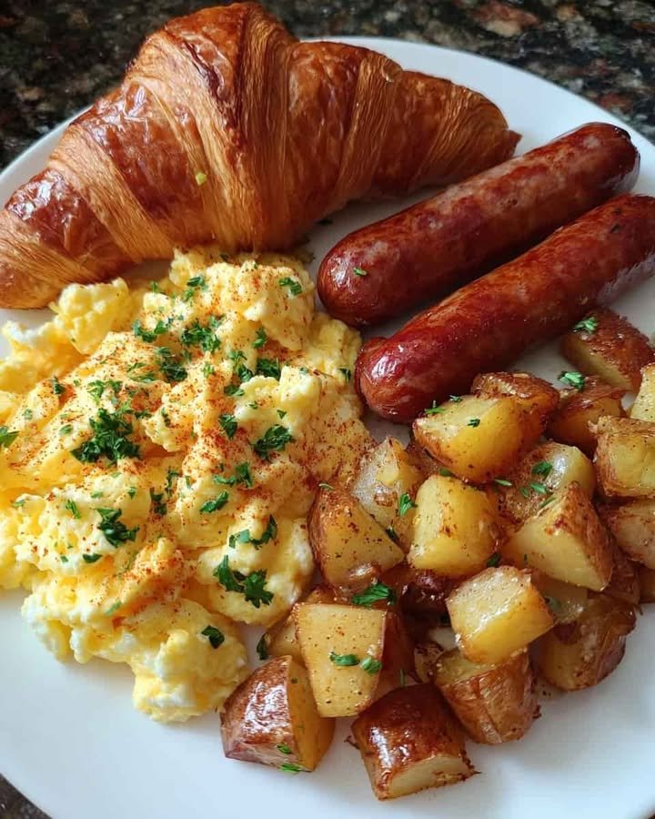 Croissant Breakfast Plate with Eggs, Potatoes & Sausage
