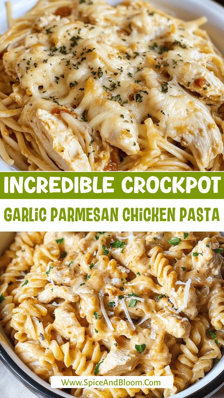 Easy Crockpot Garlic Parmesan Chicken Pasta