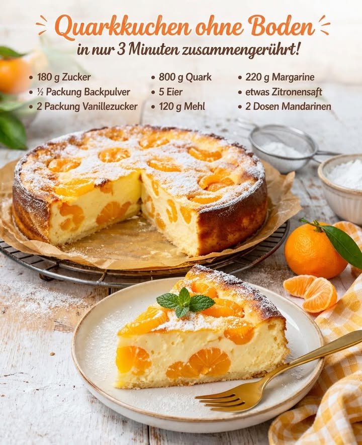 Der Ultimative Mandarinen Quarkkuchen ohne Boden in 10 Minuten