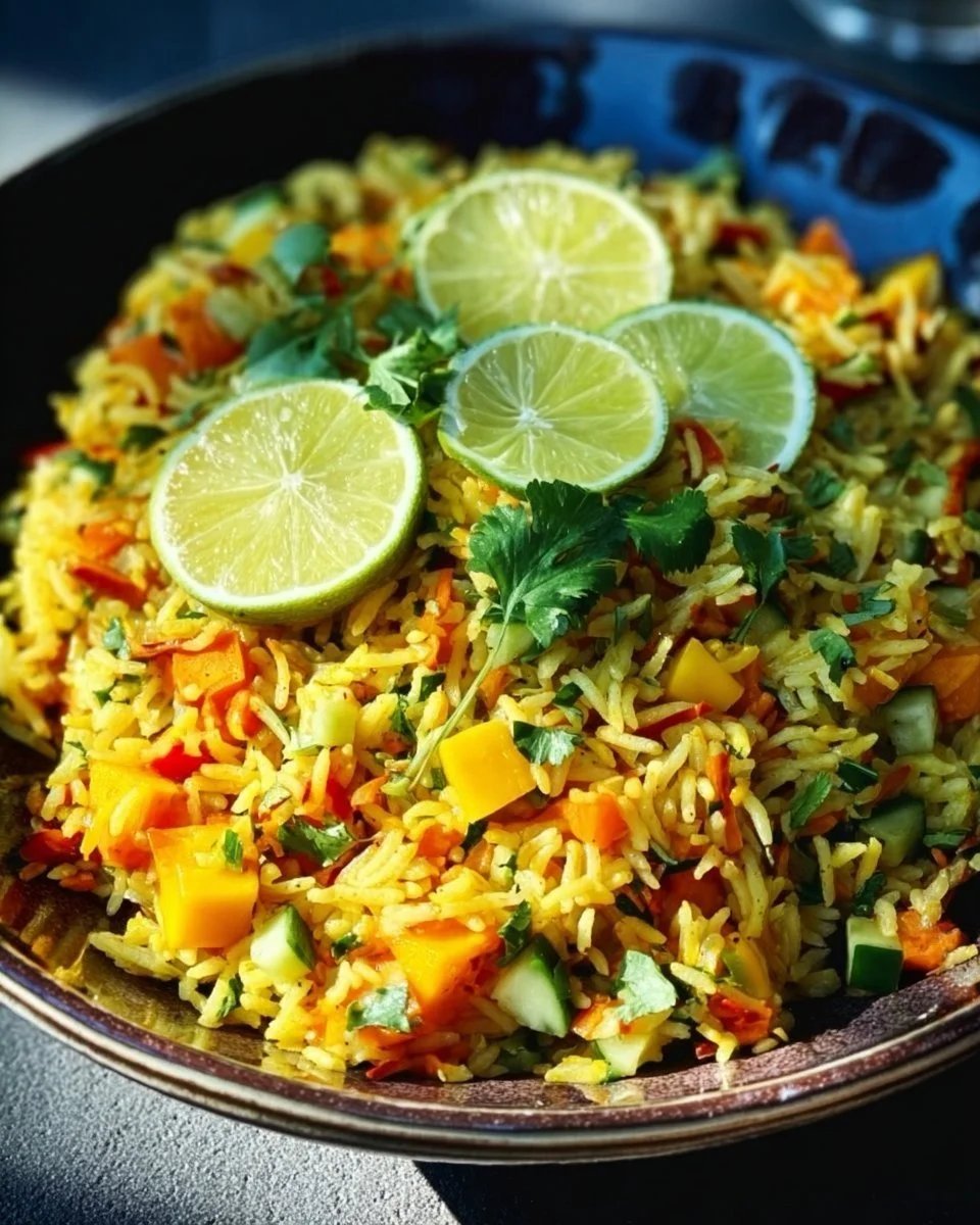 Insalata di riso speziata all'indiana con mango