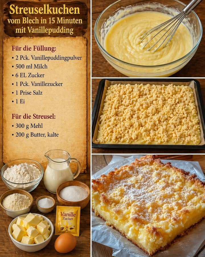 Streuselkuchen vom Blech mit Vanillepudding
